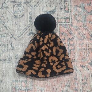 Ann Taylor Leopard Pattern Hat with Black Pom Pom